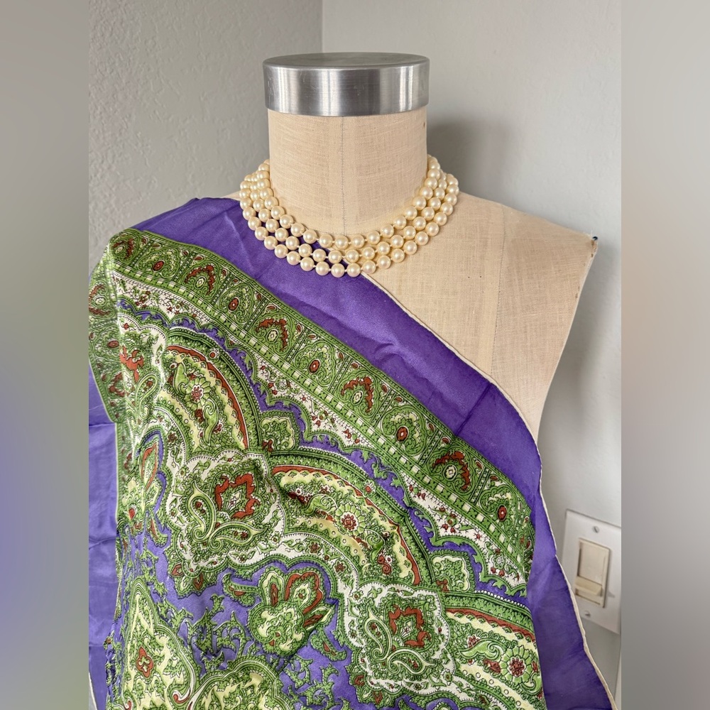 Purple Green Print Scarf 30” square - Picture 2 of 4